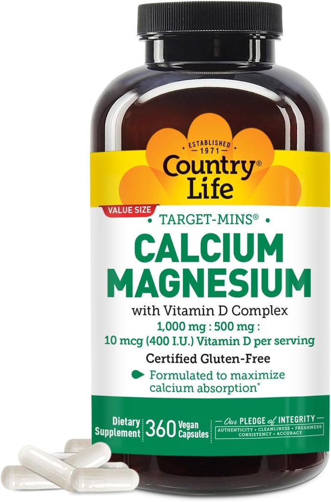 Country Life Target-Mins Calcium Magnesium with Vitamin D-Complex, 1000mg/500mg/10mcg, 360 Vegan Capsules, Certified Gluten Free, Certified Vegan, Verified Non-GMO Verificado...
