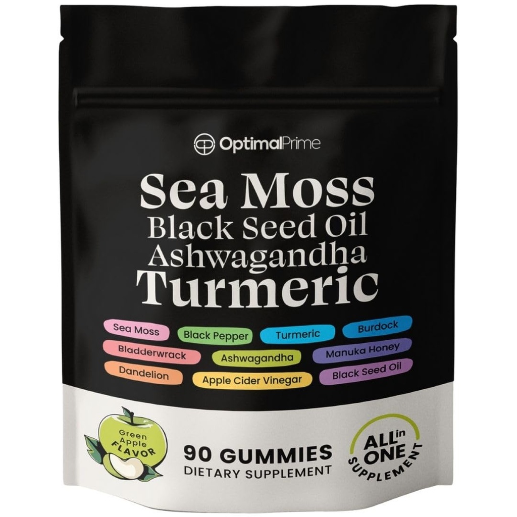 Optimal Prime Sea Moss and Black Seed Oil Gummies, Ashwagandha, Turmeric, Manuka Honey, ACV, Dandelion, Black Pepper, Burdock, Bladderwrack, Vegan, 90 Gummies 45 Day Supply