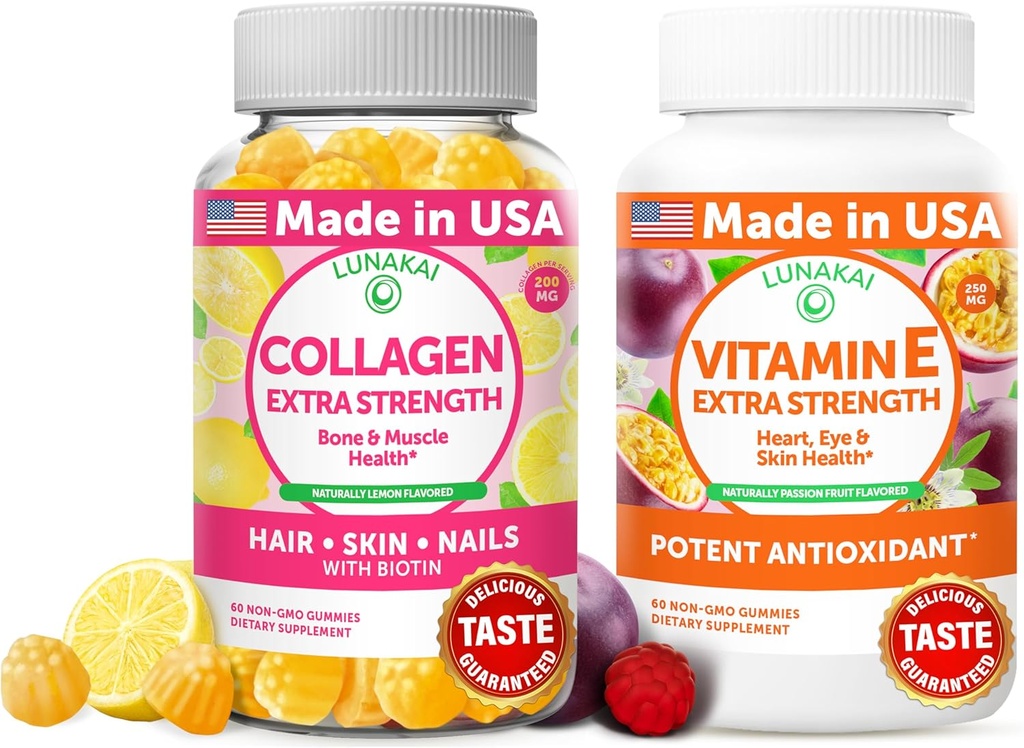 Lunakai Collagen and Vitamin E Gummies Bundle - Non-GMO Suplementos anti envejecimiento para hombres y mujeres - Gummy natural con vitamina C & 250 mg VIT natural E