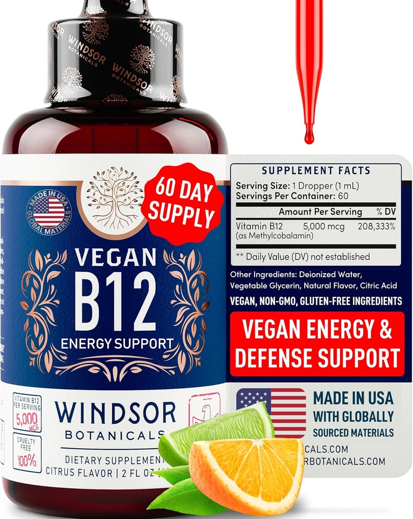 Vegan Vitamina B12 Liquid - Max Strength Methylcobalamin B12 Sublingual 5000 mcg - Suplemento de Absorbing Rápido para Mood, Memory and Energy Support - Non-GMO, Gluten-Free, Citrus Flavor B 12 gotas, 2oz