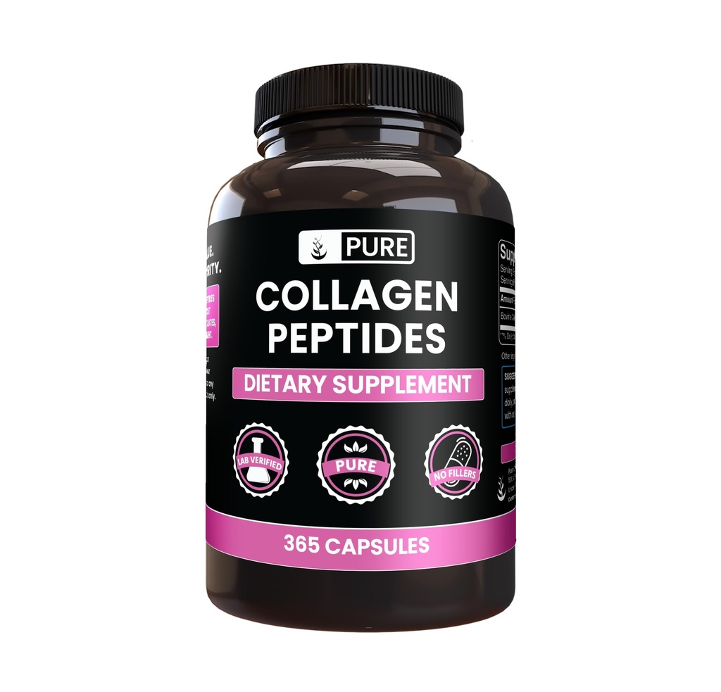 PURE Original INGREDIENTES Péptidos de colágeno (365 cápsulas) No hay magnesio ni artillería de arroz, siempre puro, lab Verificado