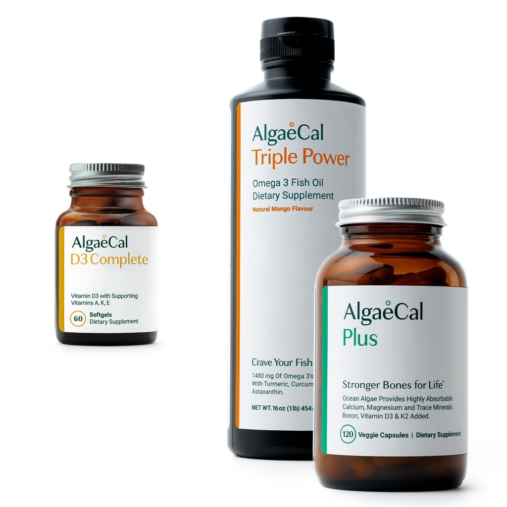 ALGAECAL Bundle - Vitamina D3 Completo (1000 UI) + Vitaminas K2, E ' A " Calcio de base vegetal para huesos más fuertes " Aceite de pescado Omega 3 1200 mg EPA DHA