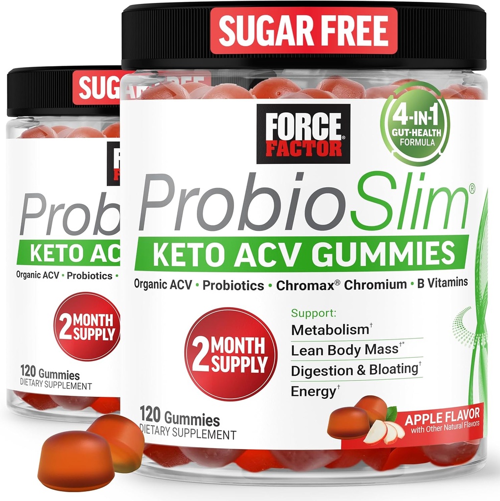 Factor de fuerza ProbioSlim Keto ACV Gummies, Cider de manzana orgánica Vinagre Gummies con LactoSpore Probióticos " Prebióticos para soportar la digestión, metabolismo, " Salud inmune, 1 carbohidrato neto, sabor de manzana, 240ct