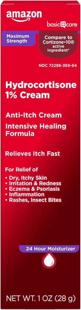   Basic Care Maximum Strength Anti-Itch Cream, Hydrocortisone 1 Percent Intensive Healing Formula, Itch Relief For Bug Bites, Eczema, Psoriasis, Poison Ivy, Oak and Sumac, 1 ounce (Pack of 1)