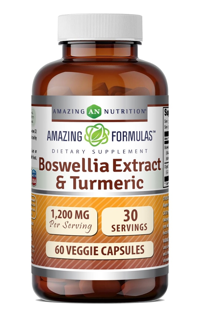 Amazing Formulas Boswellia Extract " Turmeric Supplement TEN 1200 Mg Por Serving TEN 60 Veggie Capsules ← Non-GMO TEN Gluten Free TEN Made in USA TEN