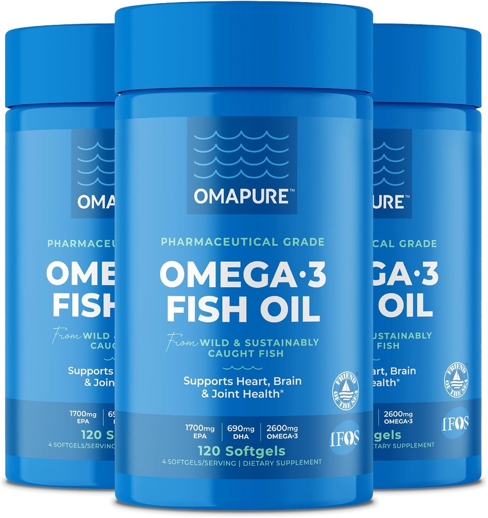 Suplementos de aceite de pescado con ácidos grasos Omega 3 (3 Botellas, 120 Softgels) - Alta EPA, DHA, " Píldoras de aceite de pescado IFOS Apoyo Corazón " Salud Conjunta - Aceite de pescado Burples promueve función cerebral