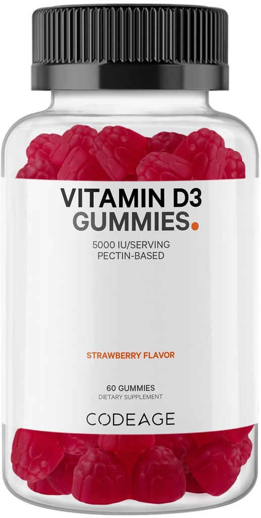 Codeage Vitamina D3 Gummy Vitaminas, Vitamina D3 5000 UI Gummies Cholecalciferol 125 mcg - Suministro de 2 meses - Soft Pectin-Based, Animal Gelatin-Free Vitaminas Gummy, Strawberry, Gluten-Free - 60 Gummies