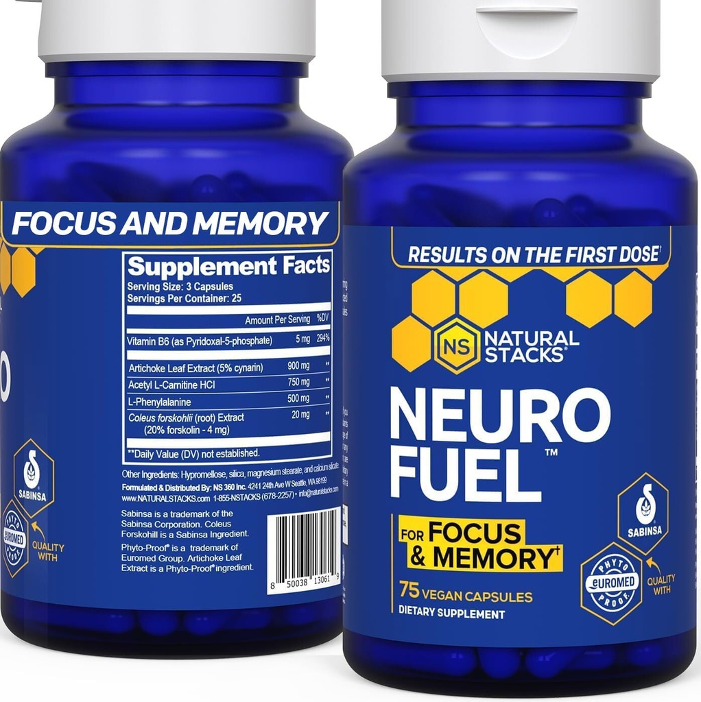 NATURAL STACKS NeuroFuel Nootropic Brain Support Suplemento - 750mg L-Carnitine & 500mg L-Phenylalanine - Suplemento cerebral para memoria y foco* - 75 pilas de enfoque
