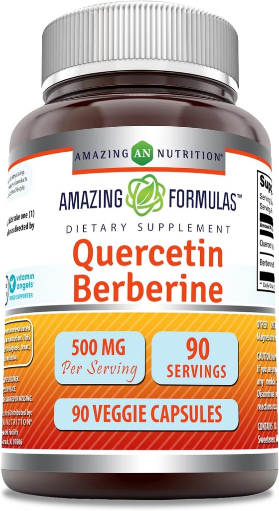 Amazing Formulas Quercetin Berberine - 250mg Berberine y 250mg Quercetin, 90 Veggie Capsules Suplemento ← Non-GMO ANTE Gluten Free ← Hecho en EE.UU.