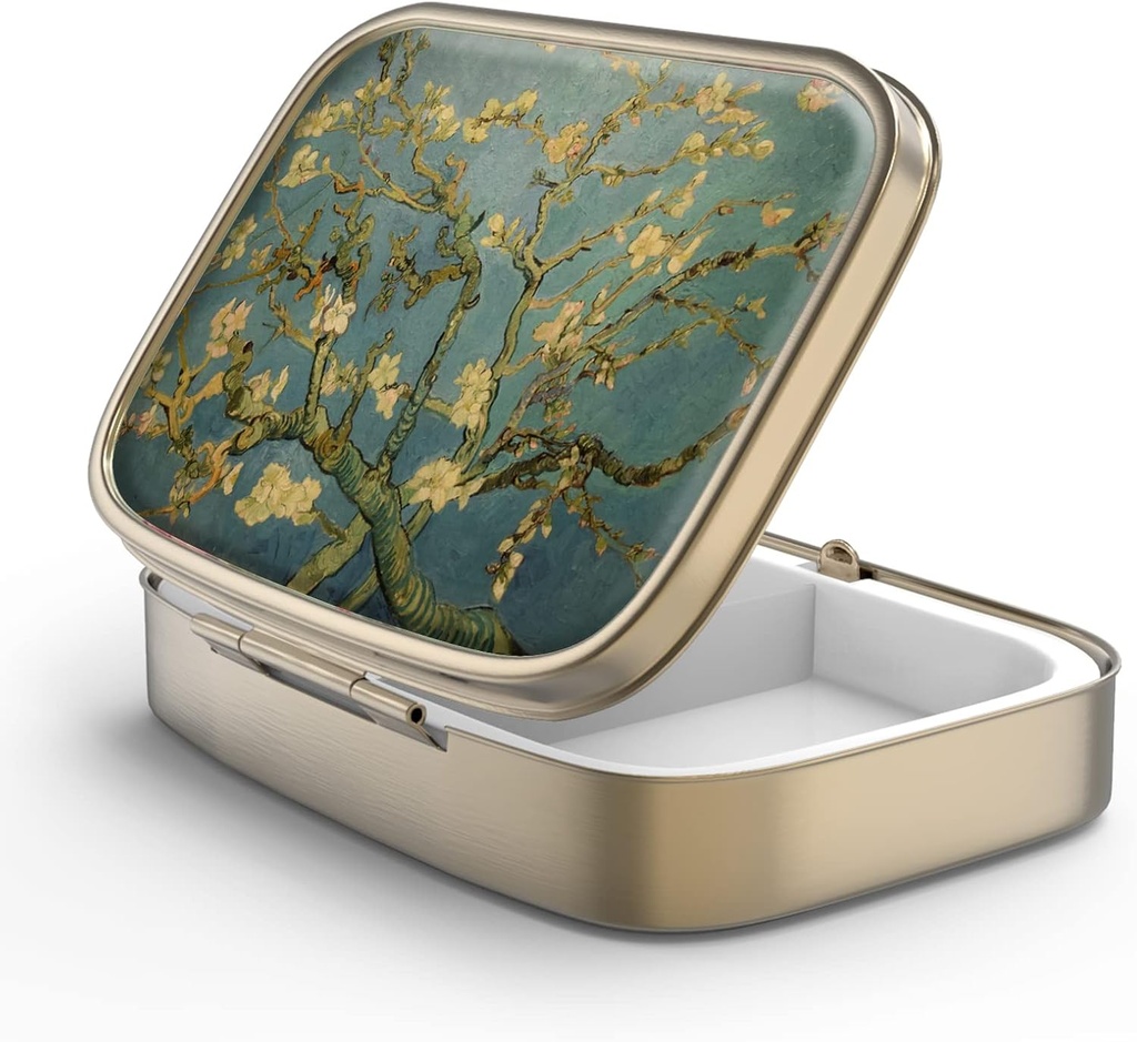 Pill Case Pill Box con Mirror Retro 2 Compartment Caja pequeña de Pill para Purse o Bronce de Bolsillo Rectangular Pill Box o Vitaminas, Aceite de pescado, Suplementos, Pill Containe Travel Gifts(Vangogh Art)