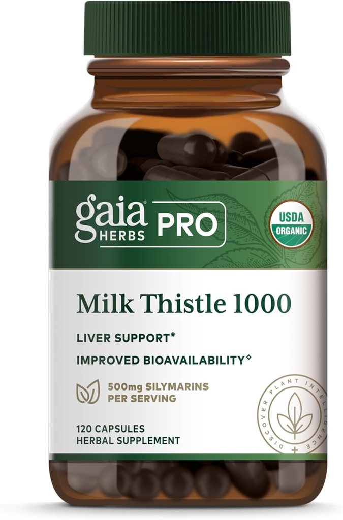Gaia Herbs Pro Milk Thistle 1000 - Liver Health Support Supplement* - Suplemento de salud de las células vivas* con extracto de frutas Silactive Milk Thistle - 120 cápsulas (30 piezas)