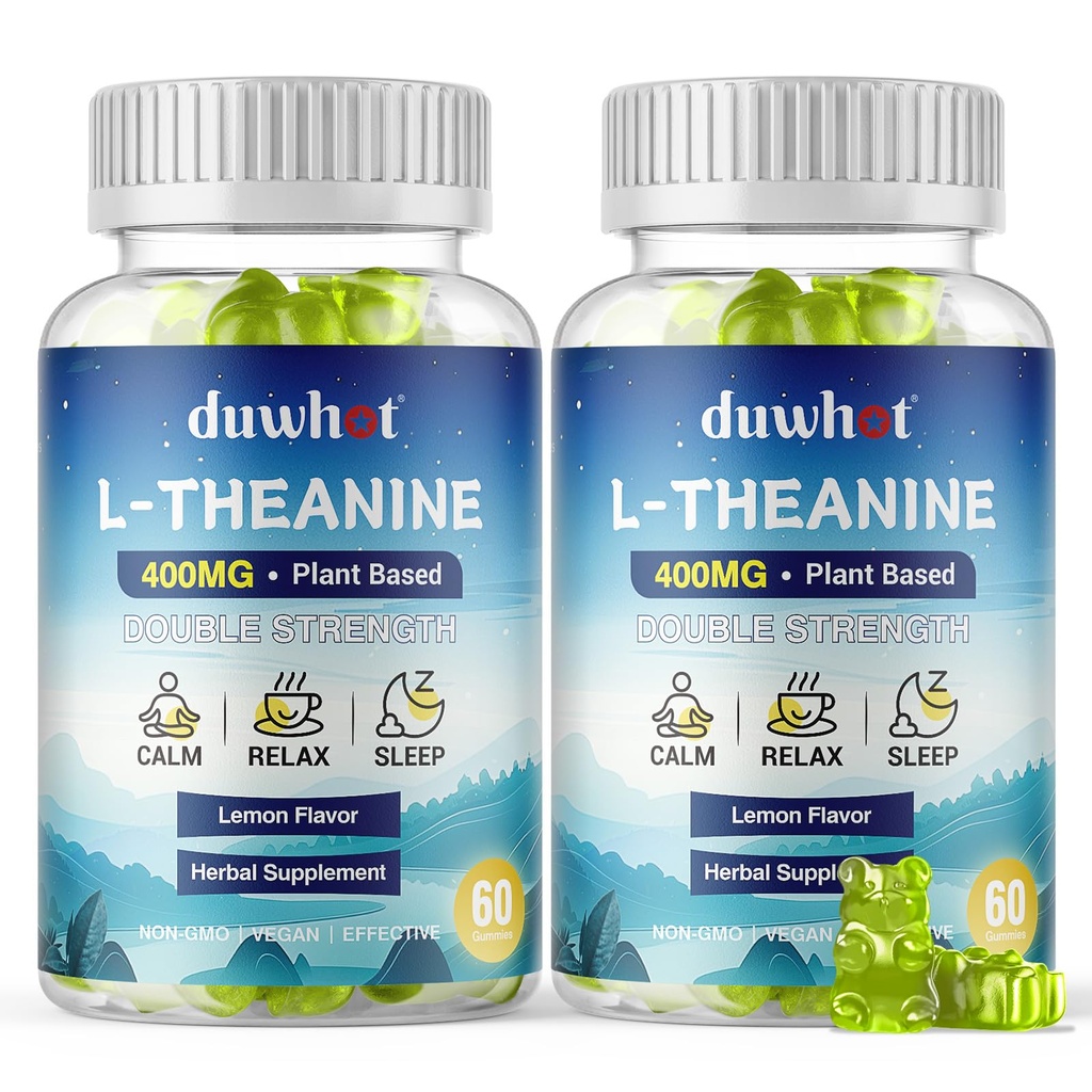 L-Theanine Gummies 400mg, suplemento de Theanine Chewable para adultos &amp; niños 4+, Alivio de estrés natural, zzZ & Focus Suplemento, Vegan, Sugar bajo, No-Drowsy, Sabor de limón, 120 Chewables