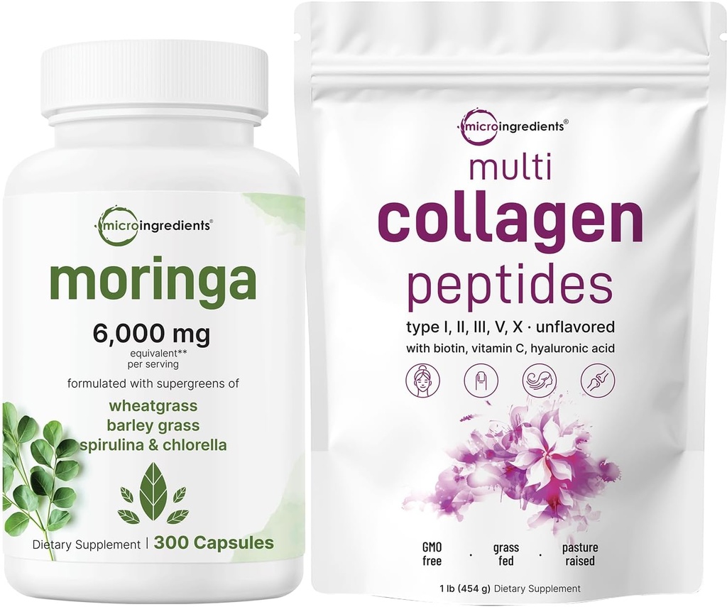 Micro Ingredientes Multi Collagen Protein Powder 16oz & Moringa Oleifera 6.000mg Equivalente 300 cápsulas Bundle 2 Pack ← Peptides de Collagen de Grass-Fed