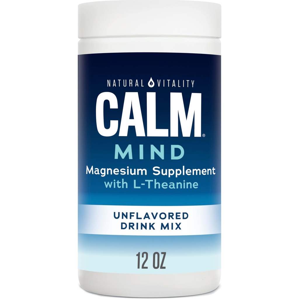 Natural Vitality Calm Mind, Magnesium Citrate + L-Theanine Powder, Suplemento para Stress Relief, Gluten Free &amp; Vegetarian, Unflavored, 12 oz.