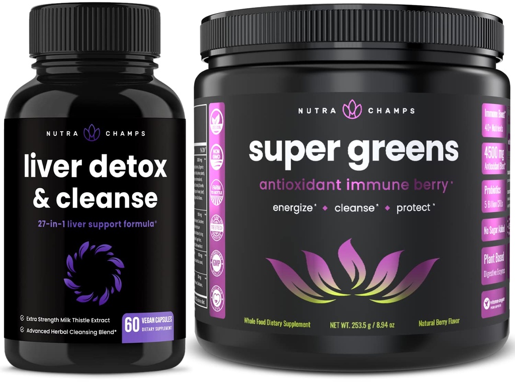 NutraChamps Liver Cleanse Detox Capsules and Super Greens Antioxidant Superfood Powder Bundle