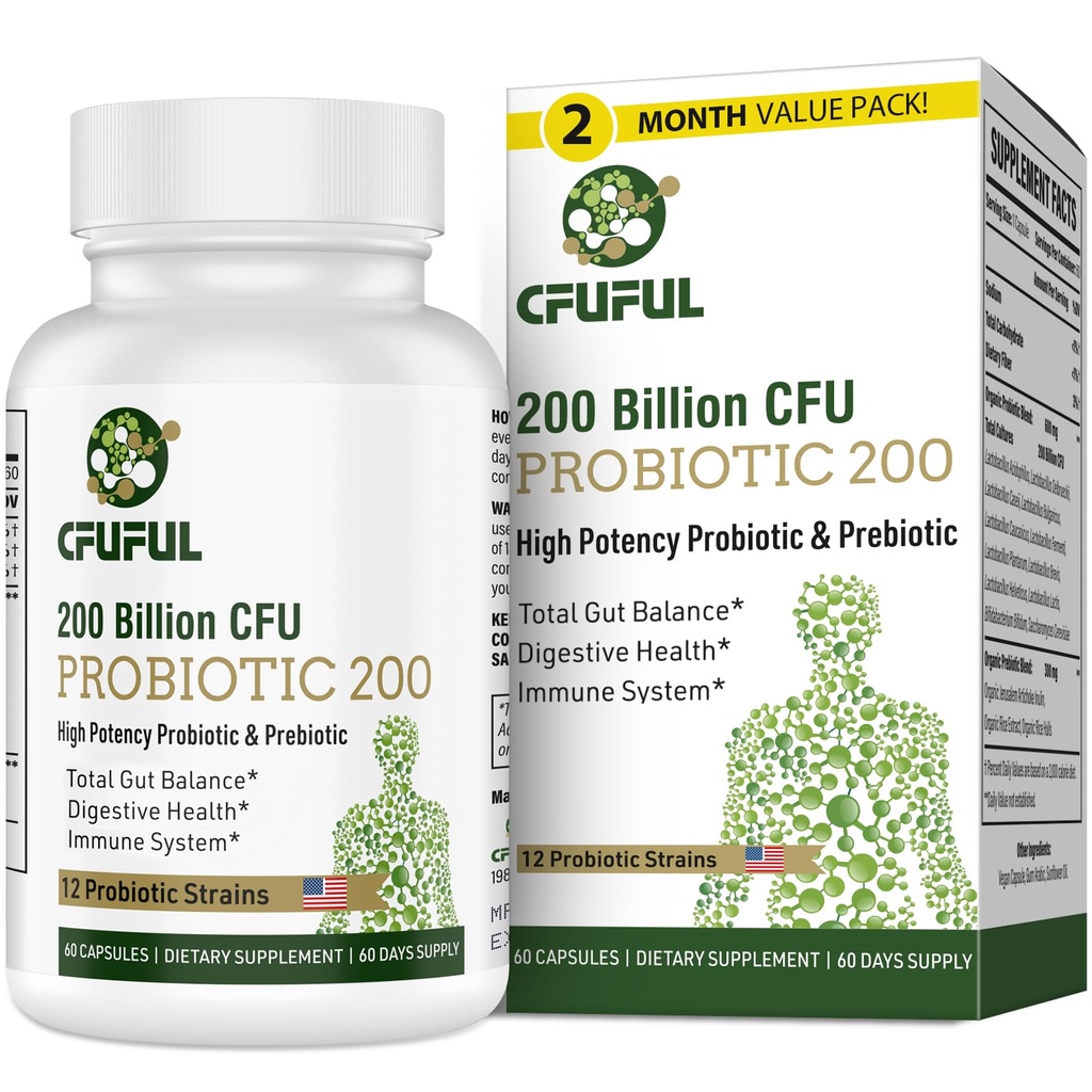 Probióticos para Hombres Mujer, 200 millones de francos CFU 12 Strains con 3 Prebióticos Orgánicos y Probióticos para Gut de Salud Digestiva, Inmune, Bloating &amp; Gas, Energía, Salud Global, Establo Stable - 2 Month Supply