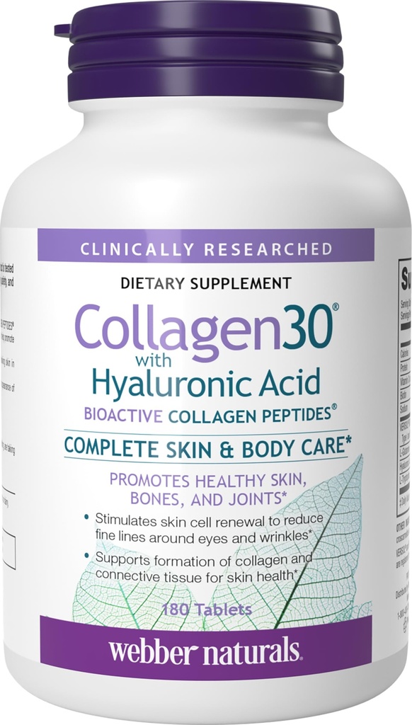 Webber Naturals Collagen30 con ácido hialurónico, péptidos colágeno bioactivo, 180 Tabletas, ayuda a reducir las arrugas del ojo y la línea facial fina, no GMO
