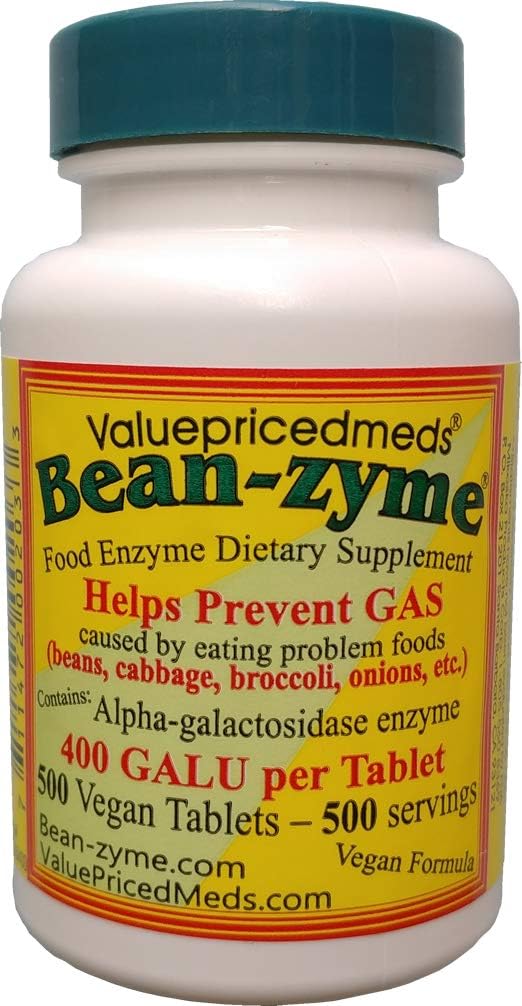 Alivio de gas de frijol para adultos La fuerza extra (500 ct) es 400 GAUL por Tablet Alpha Galactosidase, Vegan, Coste Menos, Enzima Digestivo Suplemento dietético Alimentos Naturales Enzyme