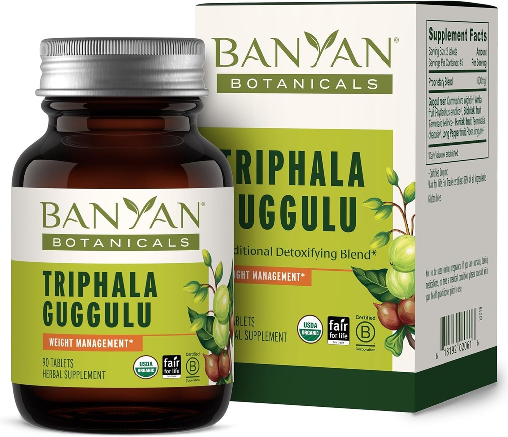 Botánicos de Banyan Triphala Guggulu – Suplemento Orgánica Triphala con Resina Guggulu – Suplemento de Detox Herbal para apoyar la Digestión Saludable* – 90 Tablas – No GMO Fuente sostenible Vegan