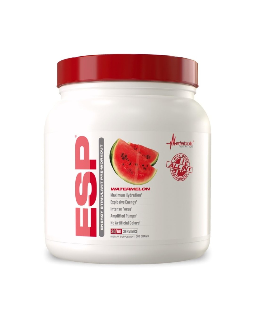 Nutrición metabólica - ESP - Estimulante Pre Workout, Pre Intra Workout Supplement, Energy & Endurance Stimulation, Natural, Safe & Mental Focus, Watermelon 300 Grams (90 Servings)