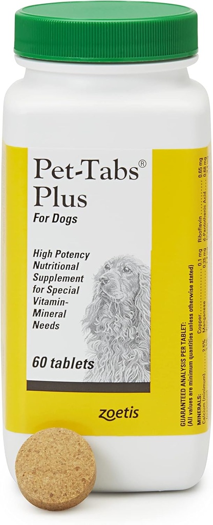 Pet-Tabs Plus Suplemento Multivitamínico y Mineral para Perros con Necesidades Nutricionales Especiales, Tableta Chewable, 60 Conde Botella