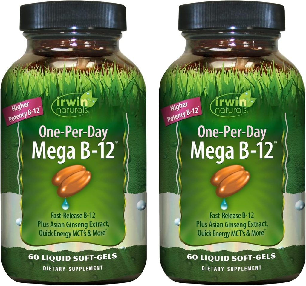 Irwin Naturals One-Per-Day Mega B-12 1,500mcg High Potency Methylcobalamin Vitamina - Absorción acelerada con MCT + Ginseng asiático - Boost de Energía Natural - 60 Liquid Softgels (Pack of 2)