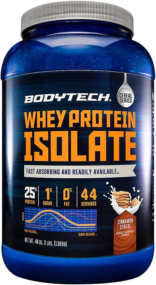 BODYTECH Whey Protein Isolate Powder - con 25 Gramos de Proteína por Serving " BCAA's - Ideal para el edificio del músculo post-entrenamiento " Crecimiento, Contiene leche " Soy - Canela Cereal (3 libras)