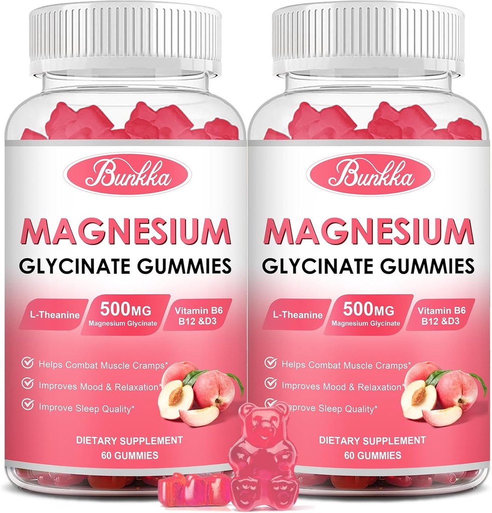 (2 Pack) Magnesio Glycinate Gummies-Magnesium Glycinate 500mg, Suplemento Complejo de Magnesio con Potasio, VitaminD, B6 para la calma, sueño limitadoStress Relief-Sugar Gratis, 120 Peach Magnesium Gummies