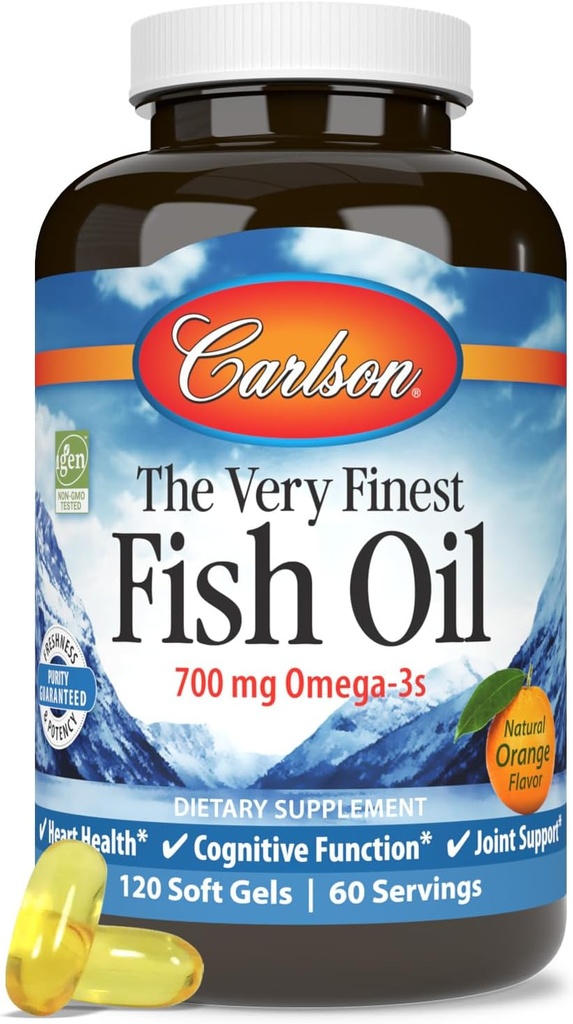 Carlson - The Very Finest Fish Oil, 700 mg Omega-3, Norwegian Fish Oil Supplement, Wild Caught Omega 3 Fish Oil, Sustentably Sourced Fish Oil Capsules, Omega 3 Suplemento, Orange, 120 Softgels