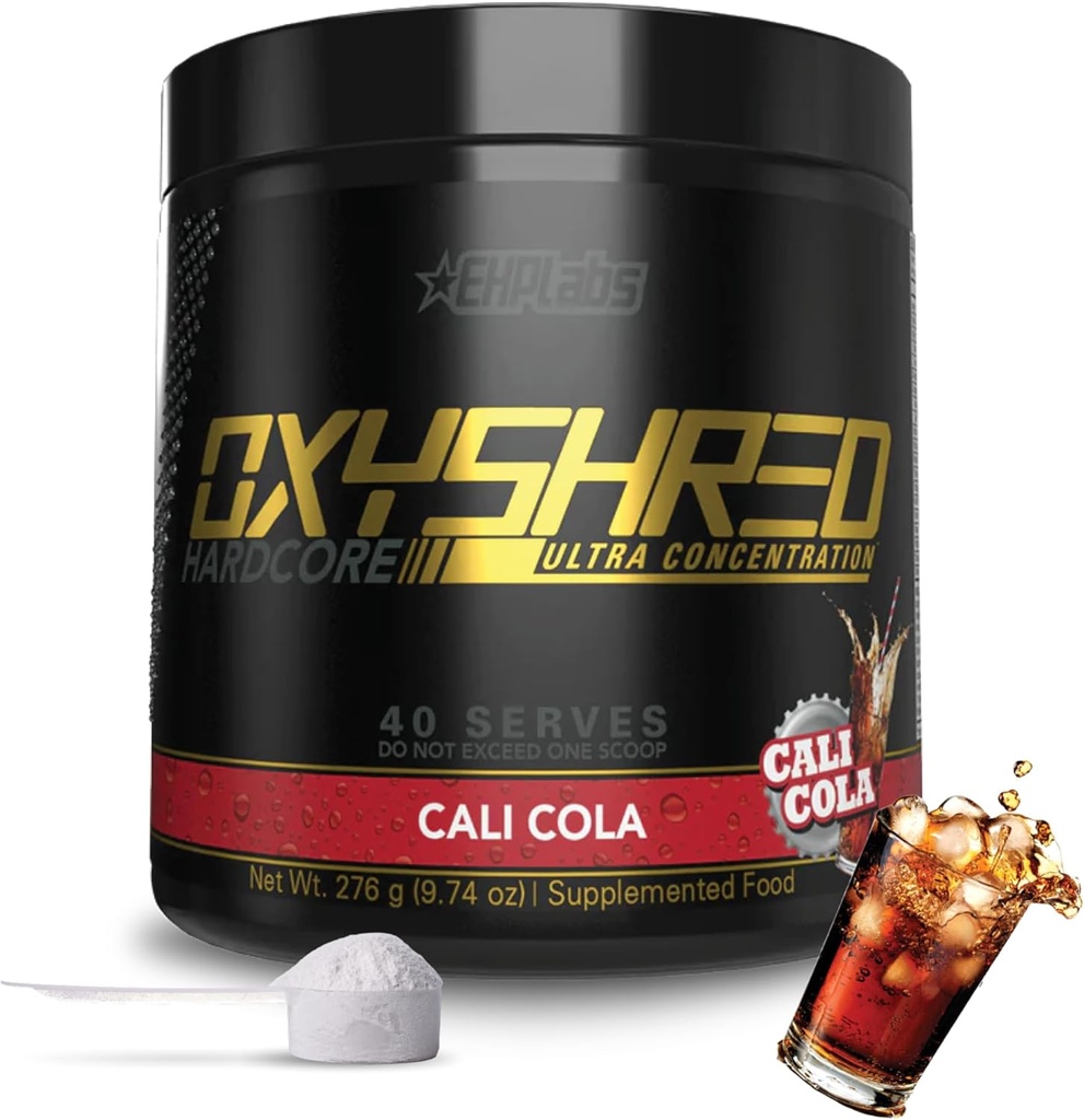 EHP Labs OxyShred Hardcore Super Dosed Pre Workout Powder - Preworkout Powder con L Glutamine & Acetyl L Carnitine, Energy Boost Drink - 275mg de Caffeine - Cali Cola, 40 Servings
