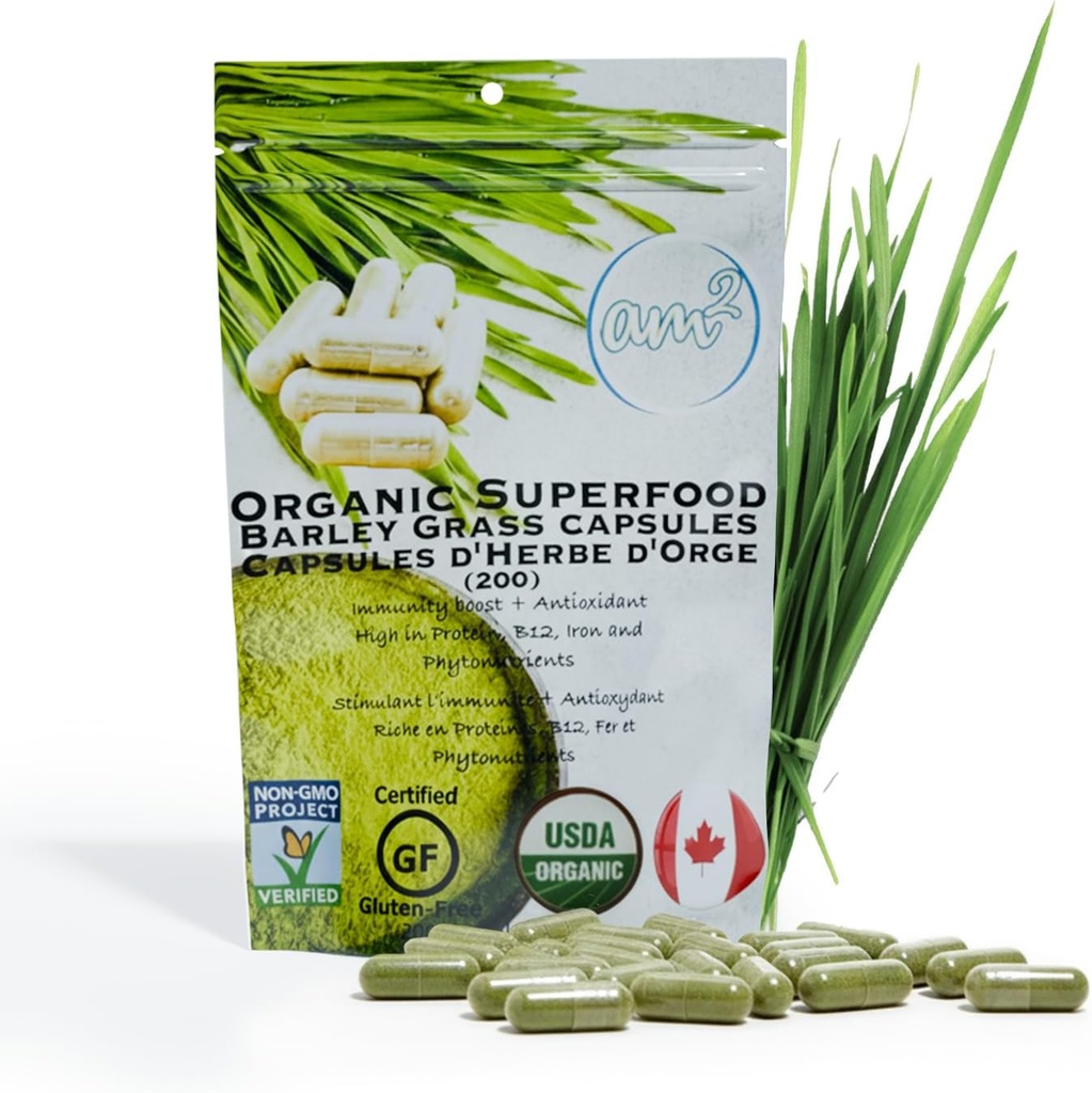 Capsulas de cebada orgánica am2 – Pure Barley Grass Juice Powder Capsules, Suplemento de Superalimentos Verdes – Rico en fibra y antioxidantes – Apoyo a la inmunidad y la salud digestiva – 200 caps