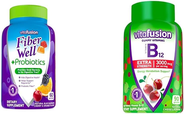 Vitafusion Fiber Well + Probiotics Gummies for Adults 60 Cuenta Extra Strength Vitamina B12 Gummy Vitaminas para el Metabolismo Energético Soporte 90 Cuenta