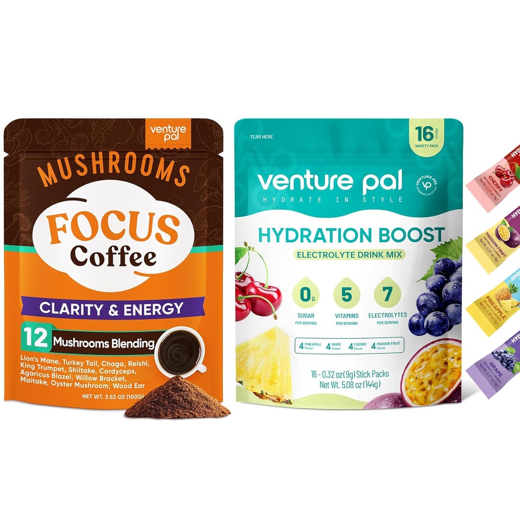 Venture Pal Café y electrolito Powder Bundle: 12 en 1 Café con Ashwagandha & Sugar-Free Electrolyte Packets para Focus, Inmunity, Hydration & Recovery - 40 Servings & 16 Sticks