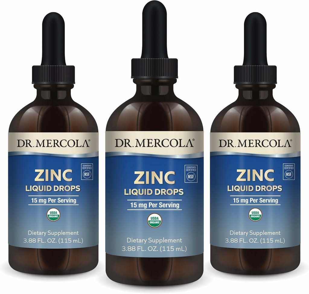Dr. Mercola Zinc Liquid Drops - Asistencias Immune & Organ Health - 15 mg Organic Zinc Liquid Drops - USDA Organic - NSF certificado - No GMO, libre de gluten & libre de soja - 3.88 fl oz (3 Pack)