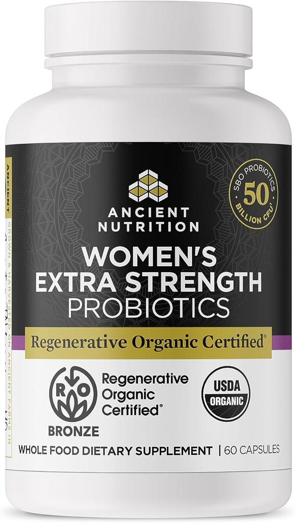 Ancient Nutrition Regenerative Organic Certified Probiotics for Women, Probiotics Women’s Extra Strength, Healthy Digestion and Immune System Function Support, 25 Billion CFUs* Per Serving, 60 Count