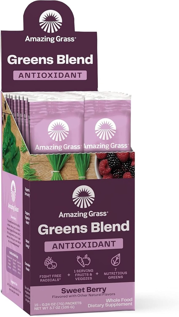 Increíble Grass Greens Blend Antioxidant: Super Greens Powder with Spirulina, Beet Root Powder, Elderberry, Prebiotics " Probiotics, Sweet Berry, 15 Servings (Packaging May Vary)
