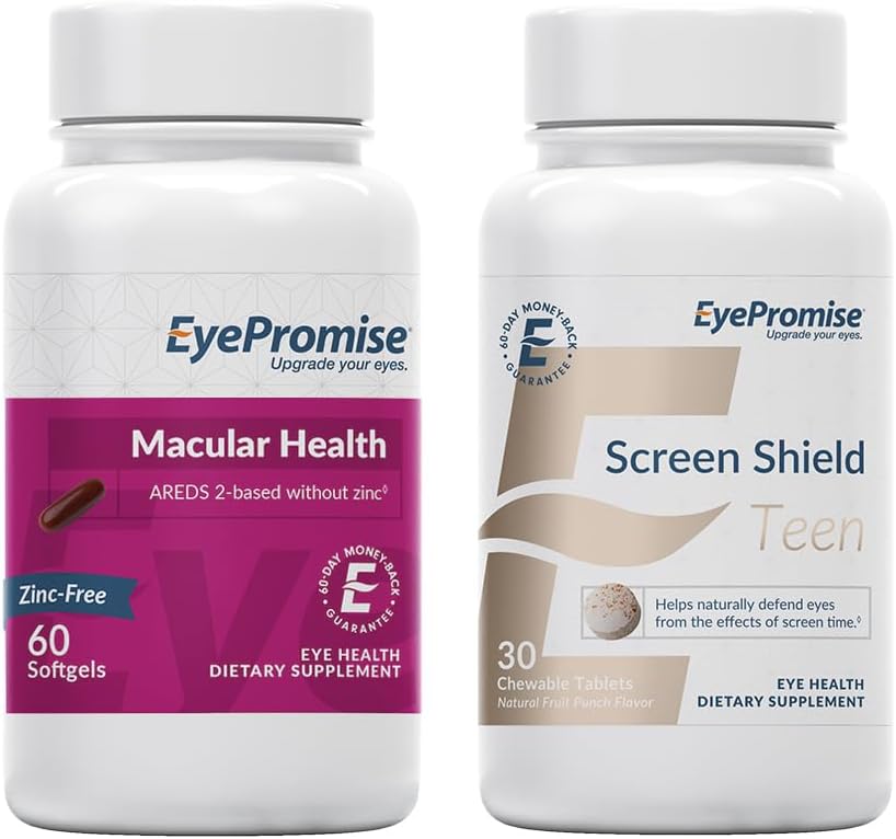 Macular Health Eye Vitamina con Sin Zinc y Screen Shield Adolescente Chewable Eye Vitaminas