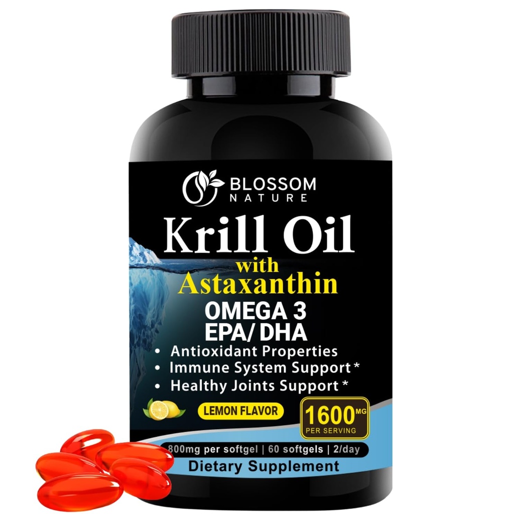 Aceite de Krill Antártico Softgels–1600mg por Servir con 2 mg de Astaxanthin, alta Omega‐3 (174mg EPA & 120mg DHA) en forma de fosfolípido–Apoyo conjunto, corazón, piel y salud cerebral–60 Softgeles saboreados por limón