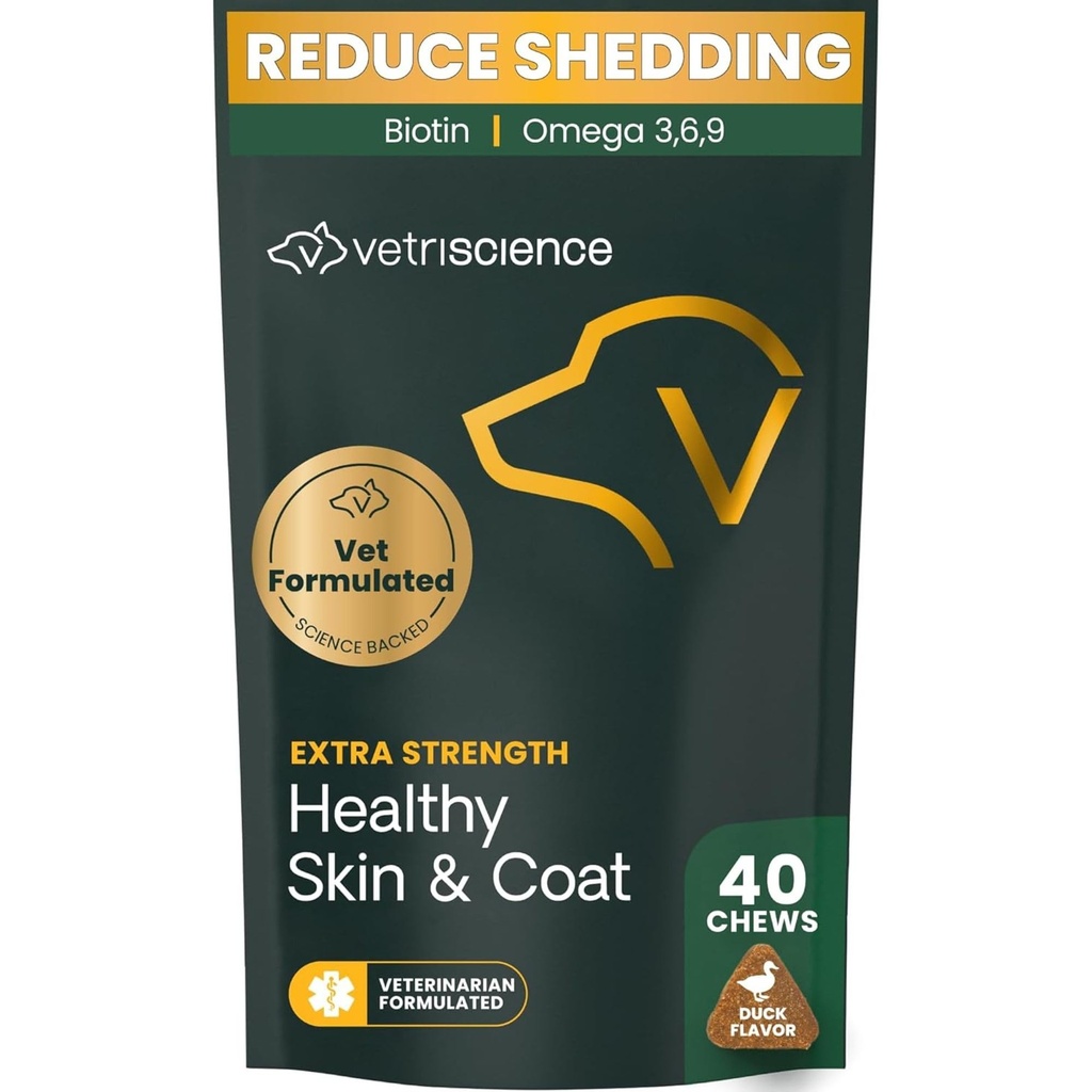 VetriScience Extra Strength Healthy Skin & Coat Chews, Omega Plus Suplemento para perros, con Omega equilibrado 3, 6, 9, Fish Oil and Biotin, Skin Health, Coat Growth and Shine, Duck, 40 Count