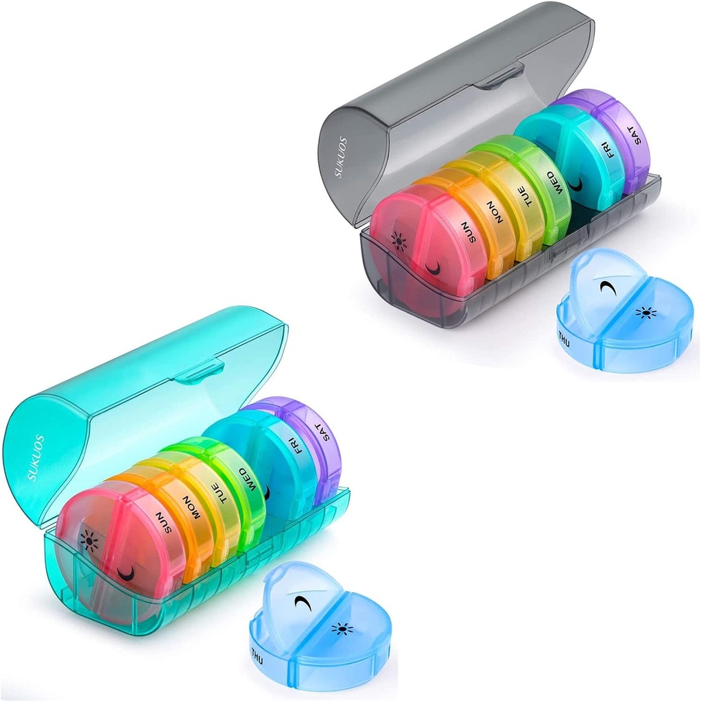2 Pack organizador semanal de píldoras 7 días 2 veces al día, Sukuos Grandes cajas de píldoras diarias para píldoras/Vitamin/Fish Oil/Supplements, BPA Caja de píldoras gratuitas, fácil de limpiar