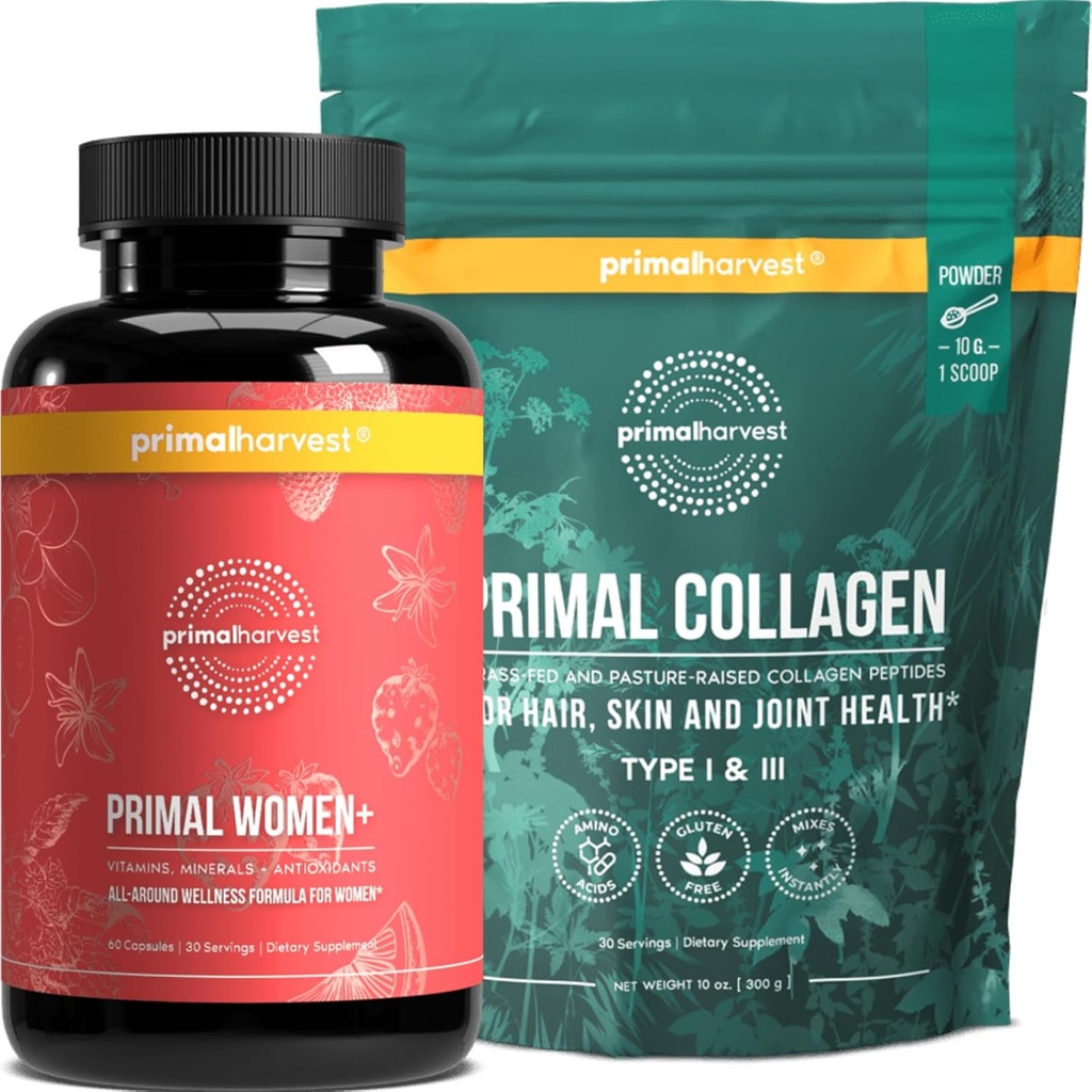 Primal Harvest Multivitamin & Collagen Powder Suplementos para Mujeres, Bundle