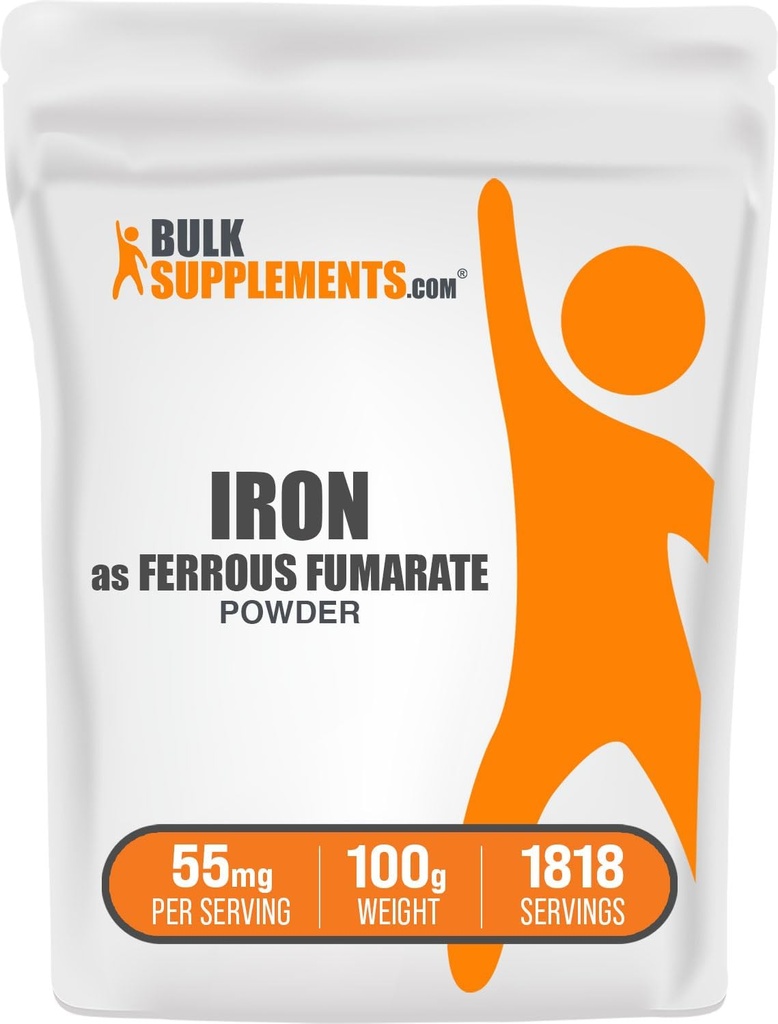 BulkSupplements.com Ferrous Fumarate Powder - Minerales Esenciales, Suplemento de Hierro para Hombres y Mujeres - Gluten Free, 55 mg por Serving, 100g (3,5 oz) (Pack of 1)