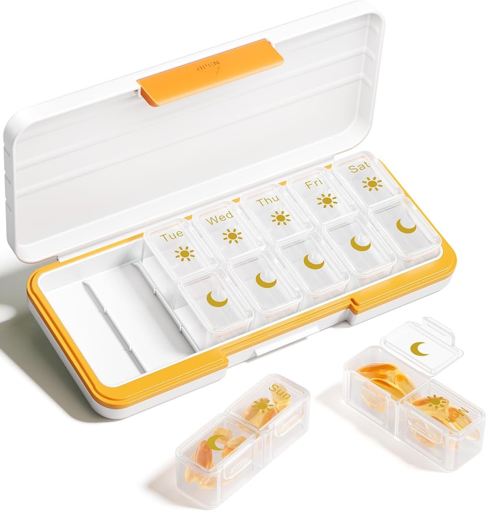AM Organizador de píldoras 2 veces al día, 7 días Pill Box Organizador semanal de píldoras Viaja con Contenedor Separado, Portable Daily Medicine Planner Dispenser Case for Vitamin, Fish Oils, Supplements( Beige)