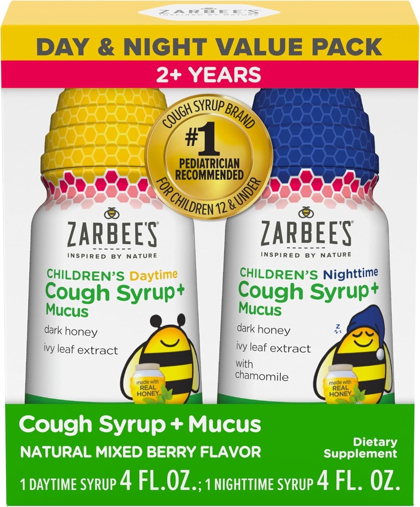 Zarbee's Children’s Honey Cough Syrup + Mucus Day & Night Paquete de valor, Hora del día & Noche Tos Toddler jarabe, Miel oscura, Ivy Leaf Extracto, Chamomile, Mixed Berry Flavor, 2X 4 Fl Oz