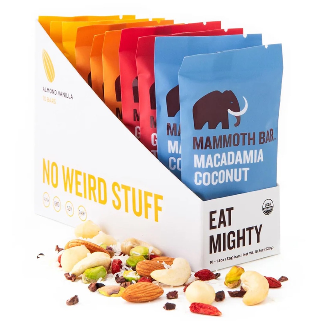 Mammoth Bar Variety Pack – 10 Proteínas Orgánicas – Prebiótico • Paleo • Gluten Gratis • Egg Protein • GMO Gratis • Raw • Nuts Premium