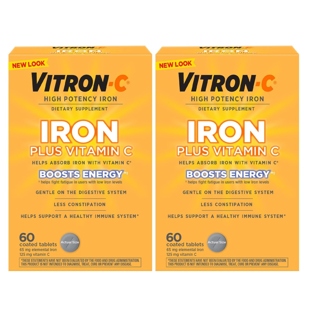 Suplemento de hierro Vitron-C, una vez al día, Hierro de alta potencia más vitamina C, apoyar la producción de células rojas de sangre, teñir tabletas gratis, 60 cuenta, 2 paquete