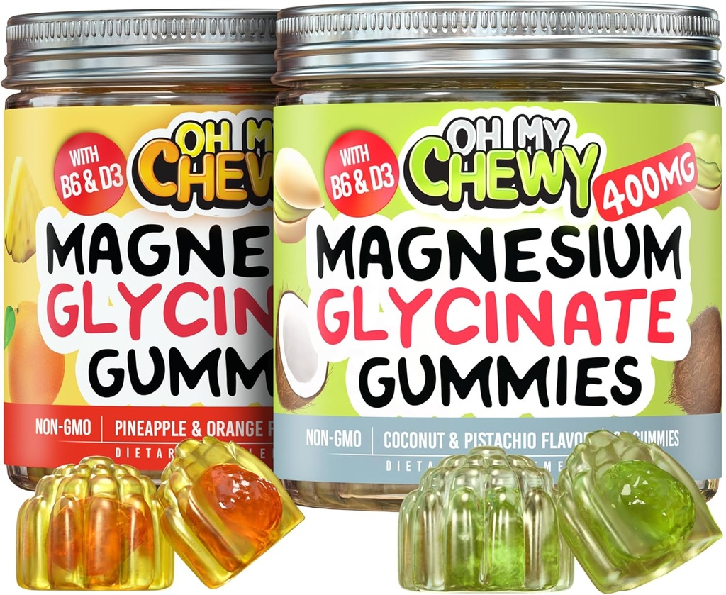Magnesio Gummies Bundle – 2 Botellas (60 Cada uno) – Piña naranja & Coco Pistachio