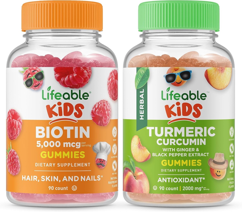 Lifeable Biotin Kids + Turmeric Curcumin Kids, Gummies Bundle - Great Tasting, Vitamin Supplement, Gluten Free, GMO Gratis, Chewable Gummy