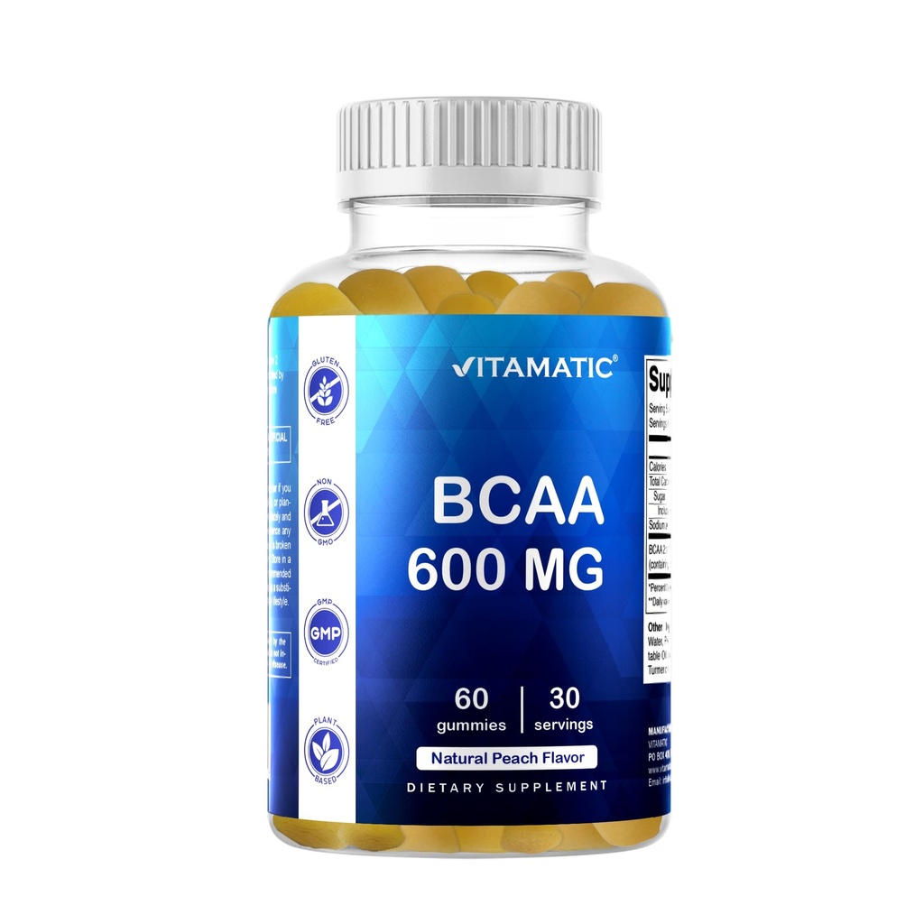 Vitamatic BCAA Gummies - Branch Chain Amino Acid Supplements - Peach Flavor - 600mg por Serving - 60 Vegan Pectin Based Gummies (1 Bottle)