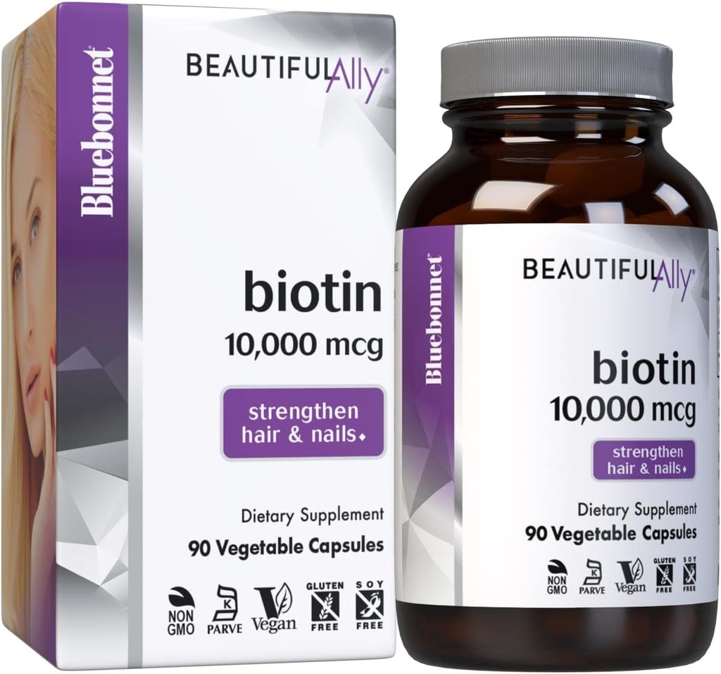 Bluebonnet Nutrition Beautiful Ally Biotin 10,000 mcg, Strengthening Hair & Nails*, Non-GMO, Vegan, Kosher Certified, Gluten-Free, Soy-Free, 90 Vegetable Capsules, 90 Servidores